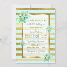 青と金ゴールドのフローラ結婚式招待状