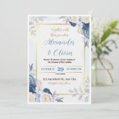 青と金ゴールドのフローラ結婚式招待状 招待状 (スタンド正面)