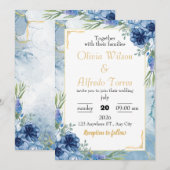 青と金ゴールドのフローラ結婚 招待状 (正面/裏面)