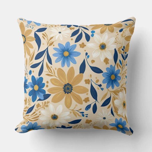 青と金ゴールドのフローラ クッション (正面)