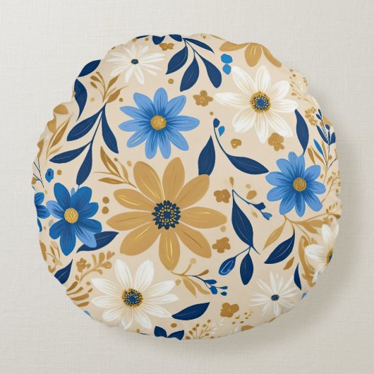 青と金ゴールドのフローラ ラウンドクッション (正面)