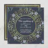 青と金ゴールドのフローラ、結婚式招待状 招待状 (正面/裏面)