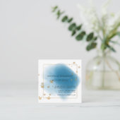 青と金ゴールドのブラシストロークの正方形の名刺 スクエア名刺 (スタンド正面)