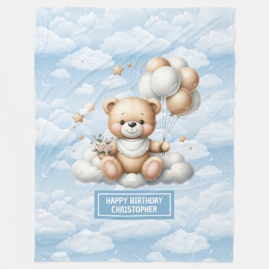 青と金ゴールドのベビーの誕生日のためのテディ毛布 フリースブランケット (正面)