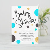 青と金ゴールドのベビーシャワー招待状-水玉模様 招待状 (スタンド正面)