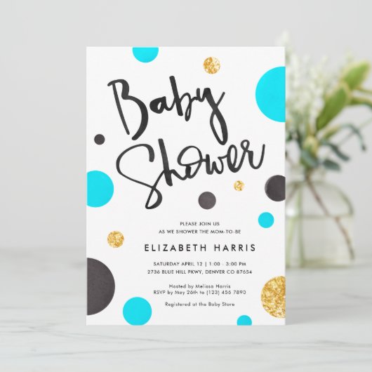 青と金ゴールドのベビーシャワー招待状-水玉模様 招待状 (スタンド正面)