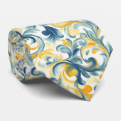 青と金ゴールドのペイズリーリーフパターン ネクタイ (ロール)