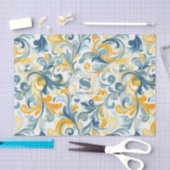 青と金ゴールドのペイズリーリーフパターン 薄葉紙 (クラフト)