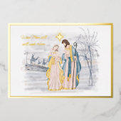 青と金ゴールドのマリア、ヨセフとイエス・クリスマス 箔シーズンカード (正面)