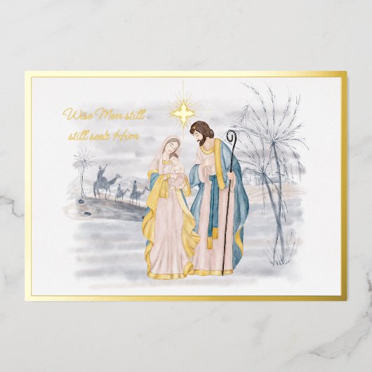 青と金ゴールドのマリア、ヨセフとイエス・クリスマス 箔シーズンカード (正面)