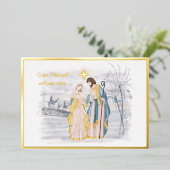 青と金ゴールドのマリア、ヨセフとイエス・クリスマス 箔シーズンカード (立ち正面)