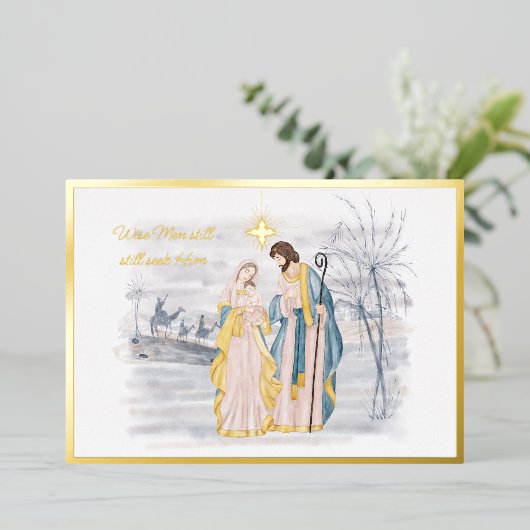 青と金ゴールドのマリア、ヨセフとイエス・クリスマス 箔シーズンカード (立ち正面)
