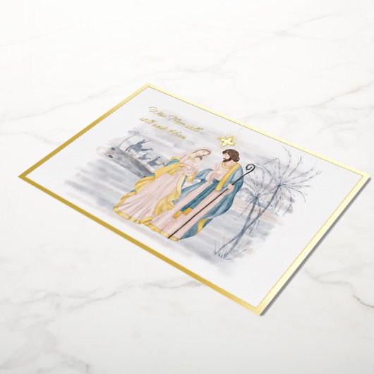 青と金ゴールドのマリア、ヨセフとイエス・クリスマス 箔シーズンカード (回転した状態)