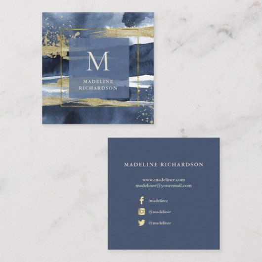 青と金ゴールドのモダン抽象芸術|ソーシャルメディア スクエア名刺 (正面/裏面)