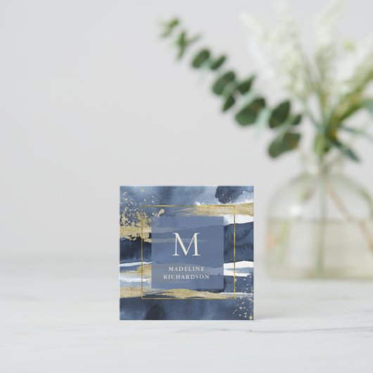 青と金ゴールドのモダン抽象芸術|ソーシャルメディア スクエア名刺 (スタンド正面)