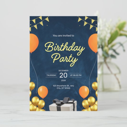 青と金ゴールドのモダン誕生日パーティーの招待 招待状 (スタンド正面)