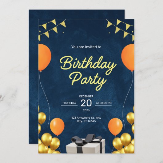 青と金ゴールドのモダン誕生日パーティーの招待 招待状 (正面/裏面)