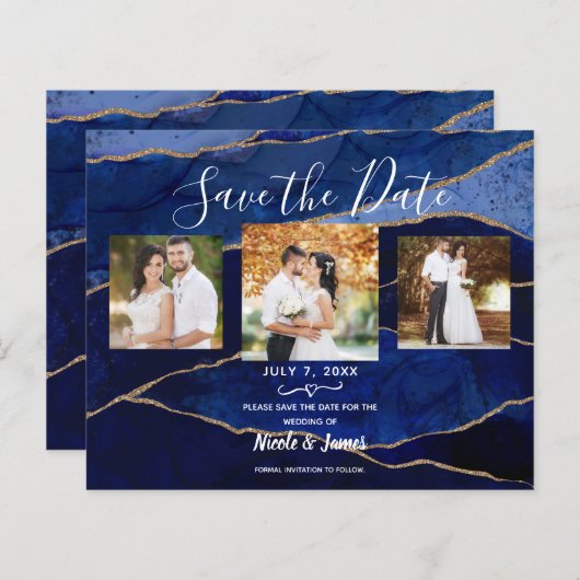 青と金ゴールドのモダン重い結婚式の日付を保存 (正面/裏面)
