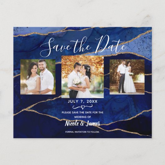 青と金ゴールドのモダン重い結婚式の日付を保存 (正面)