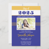 青と金ゴールドのレトロ卒業発表招待状 招待状 (正面)