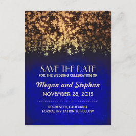 青と金ゴールドのヴィンテージ文字列ライト日付を保存 案内ポストカード