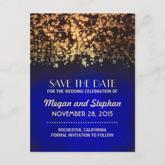 青と金ゴールドのヴィンテージ文字列ライト日付を保存 案内ポストカード (正面)