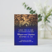 青と金ゴールドのヴィンテージ文字列ライト日付を保存 案内ポストカード (スタンド正面)