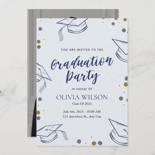 青と金ゴールドの写真卒業パーティーカード シーズンカード (正面/裏面)