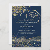 青と金ゴールドの卒業と確認テンプレート 招待状 (正面)