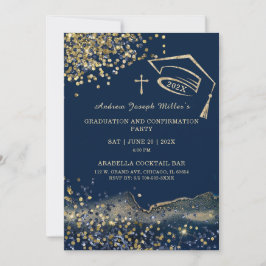 青と金ゴールドの卒業と確認テンプレート 招待状