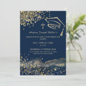 青と金ゴールドの卒業と確認テンプレート 招待状 (スタンド正面)