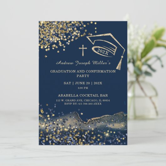 青と金ゴールドの卒業と確認テンプレート 招待状 (スタンド正面)