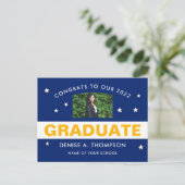 青と金ゴールドの卒業写真おめでとう ポストカード (スタンド正面)