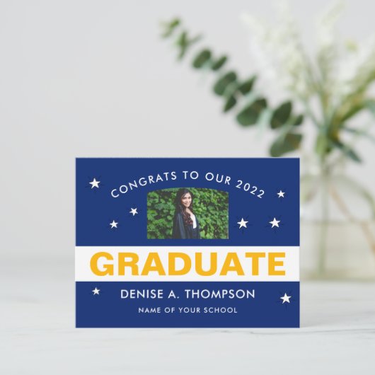 青と金ゴールドの卒業写真おめでとう ポストカード (スタンド正面)