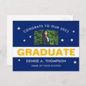 青と金ゴールドの卒業写真おめでとう ポストカード (正面/裏面)