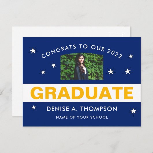 青と金ゴールドの卒業写真おめでとう ポストカード (正面/裏面)