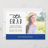 青と金ゴールドの卒業写真のお知らせ 案内状 (正面)