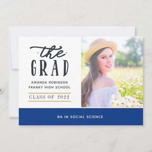 青と金ゴールドの卒業写真のお知らせ 案内状 (正面)