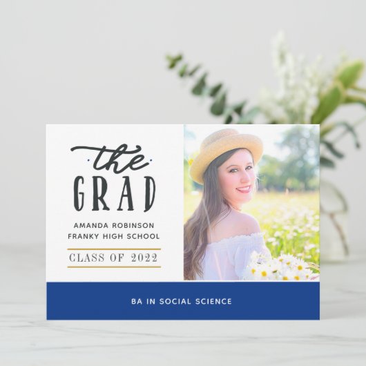青と金ゴールドの卒業写真のお知らせ 案内状 (スタンド正面)