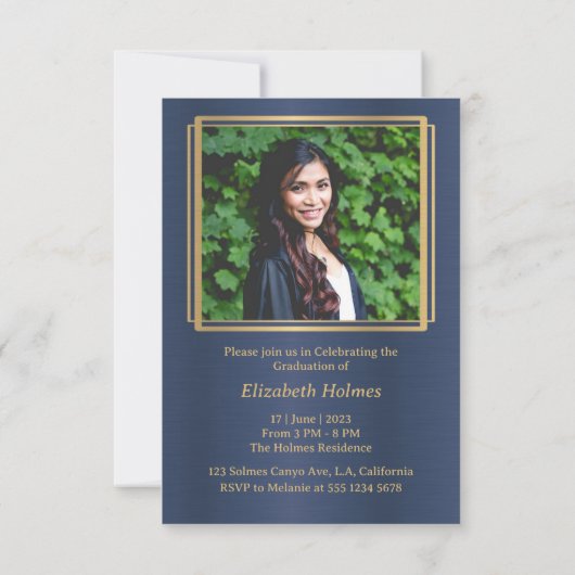 青と金ゴールドの卒業写真招待状 招待状 (裏面)