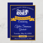 青と金ゴールドの卒業 招待状 (正面/裏面)