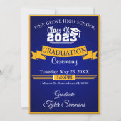 青と金ゴールドの卒業 招待状 (正面)