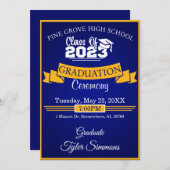 青と金ゴールドの卒業 招待状 (正面/裏面)