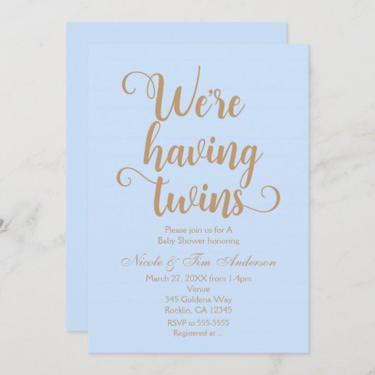 青と金ゴールドの双子のベビーシャワー招待状 招待状 (正面/裏面)
