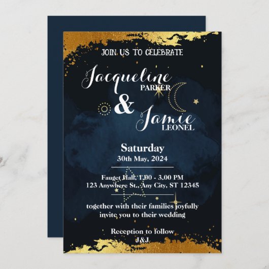 青と金ゴールドの夜空の説明結婚の 招待状 (正面/裏面)