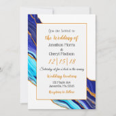 青と金ゴールドの大理石の流体結婚アート 招待状 (正面)