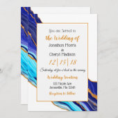 青と金ゴールドの大理石の流体結婚アート 招待状 (正面/裏面)