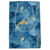 青と金ゴールドの大理石の液体スタイルパターン ミディアムペーパーバッグ (正面)