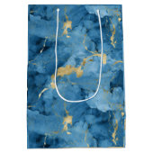 青と金ゴールドの大理石の液体スタイルパターン ミディアムペーパーバッグ (裏面)