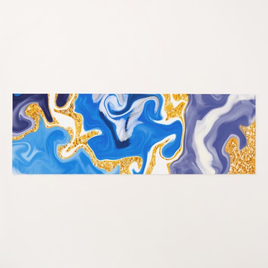 青と金ゴールドの大理石の渦巻き流体アート ヨガマット (正面(横))